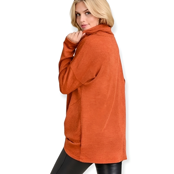 Rust Cowl Neck Leopard Print Pocket Long Sleeve Top - Picture 3 of 6